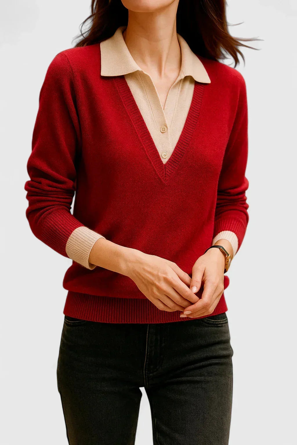 Women's Knit V-Neck Jumper – Button Detail On Cuffs