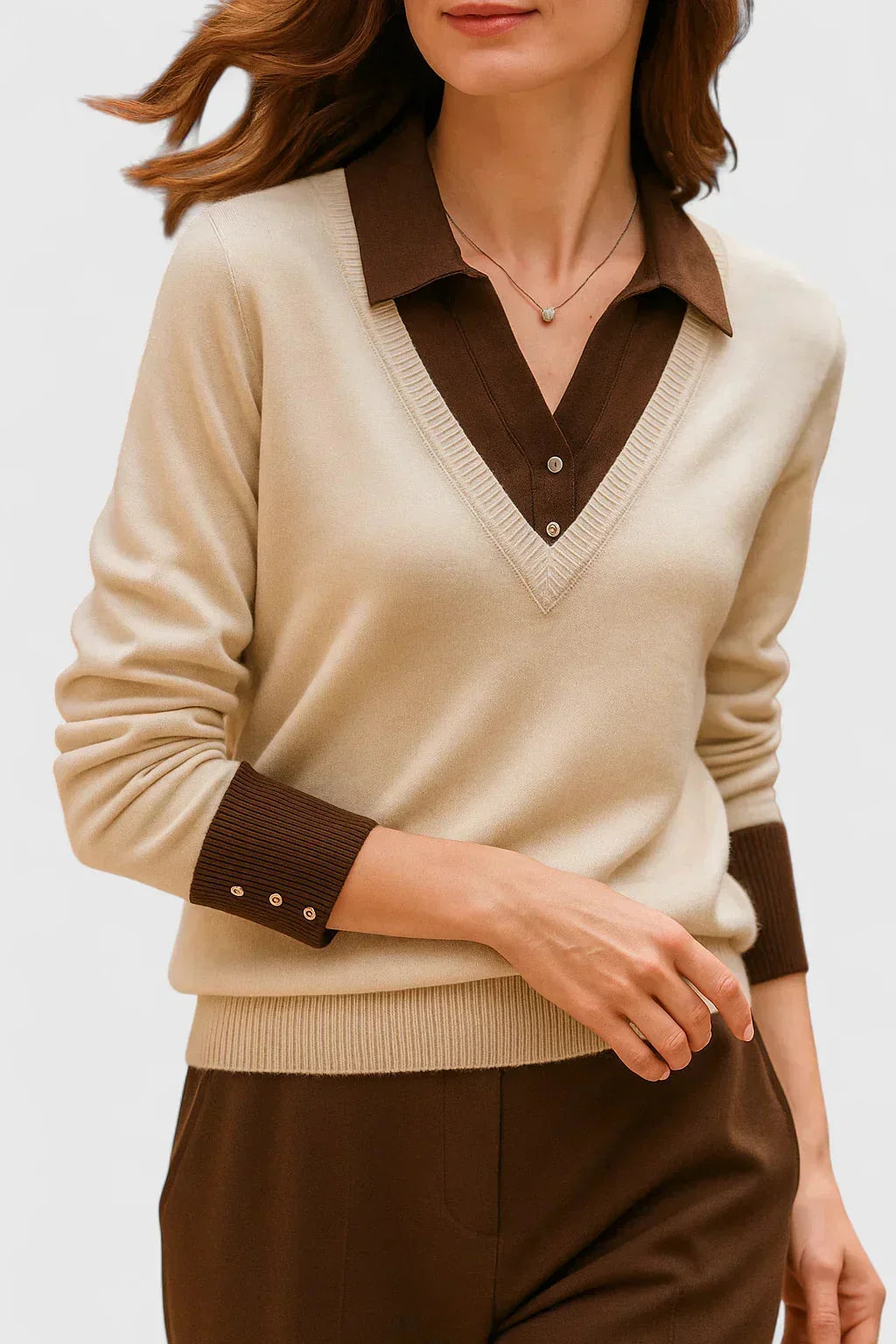 Women's Knit V-Neck Jumper – Button Detail On Cuffs