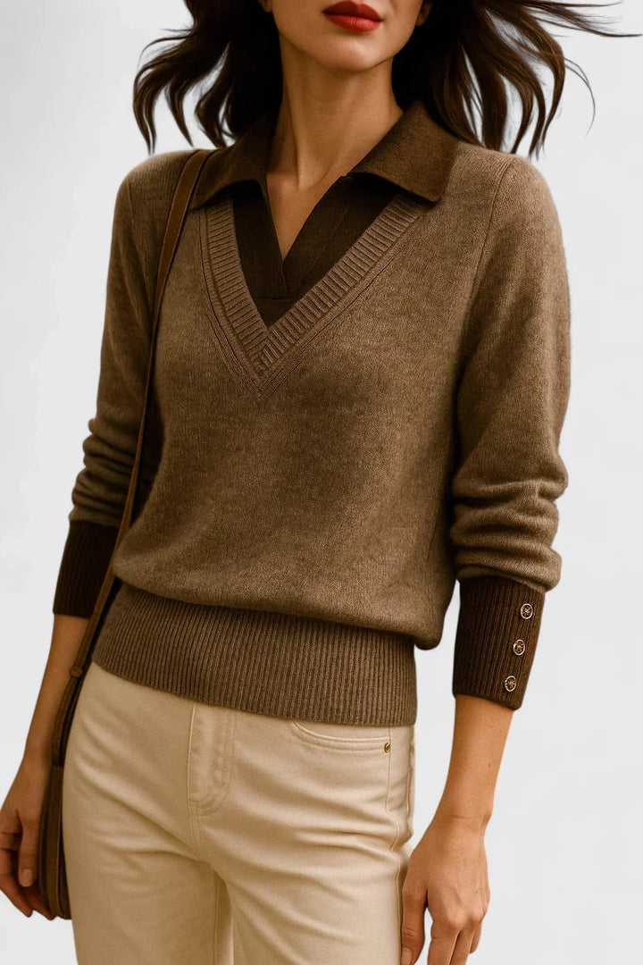 Women's Knit V-Neck Jumper – Button Detail On Cuffs