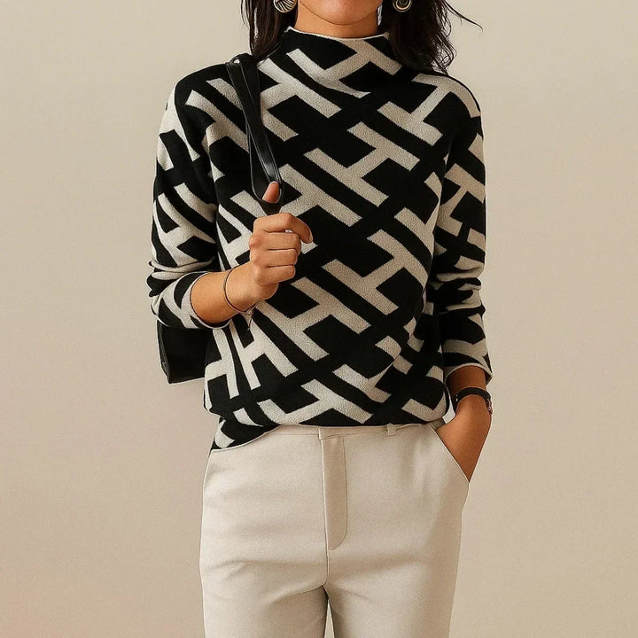 Women's Knit Stand Collar Jumper – Geometric Pattern