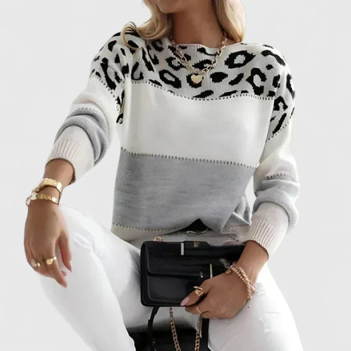 Women's Leopard Knit Crew Neck Jumper – Print Colourblock