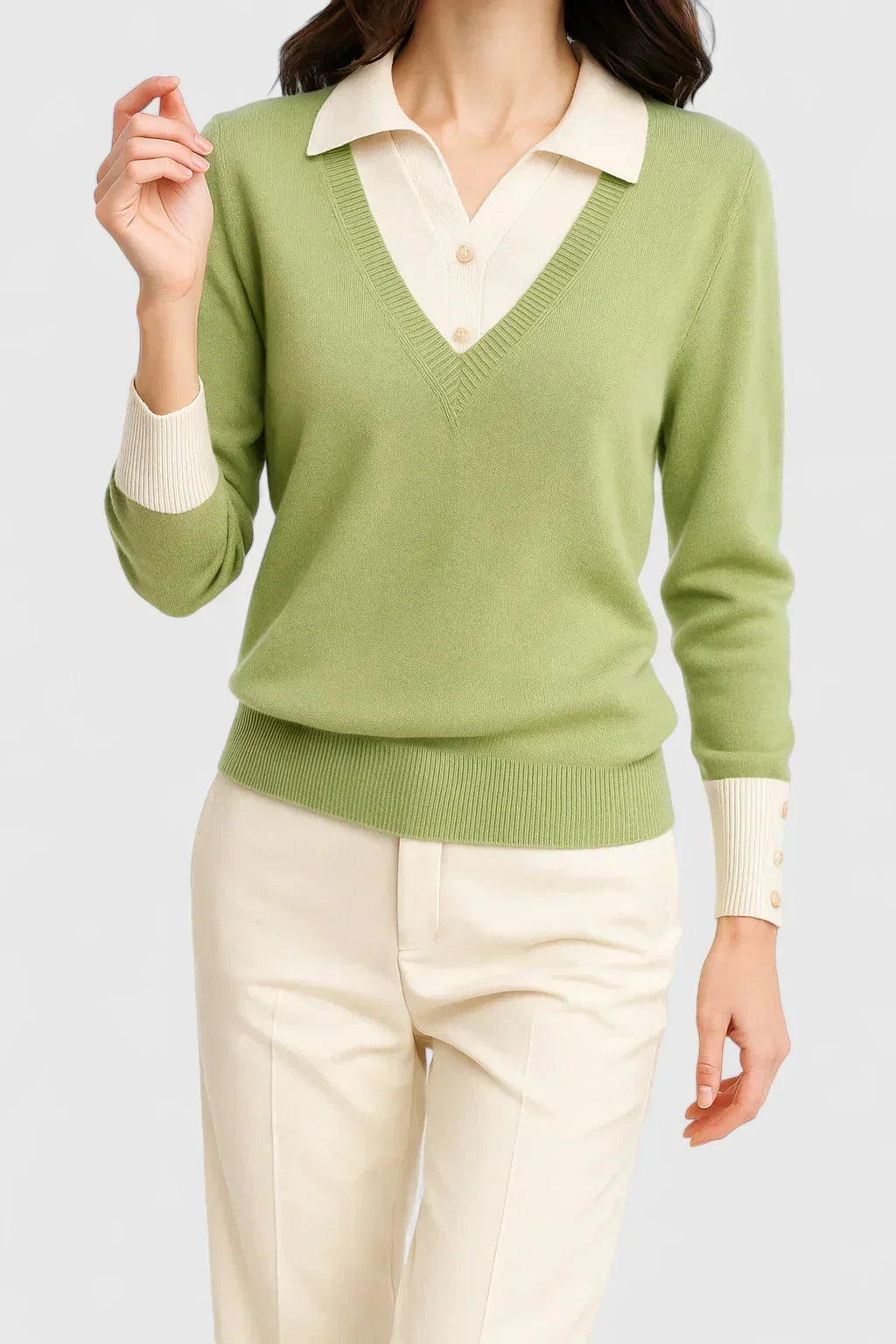 Women's Knit V-Neck Jumper – Button Detail On Cuffs