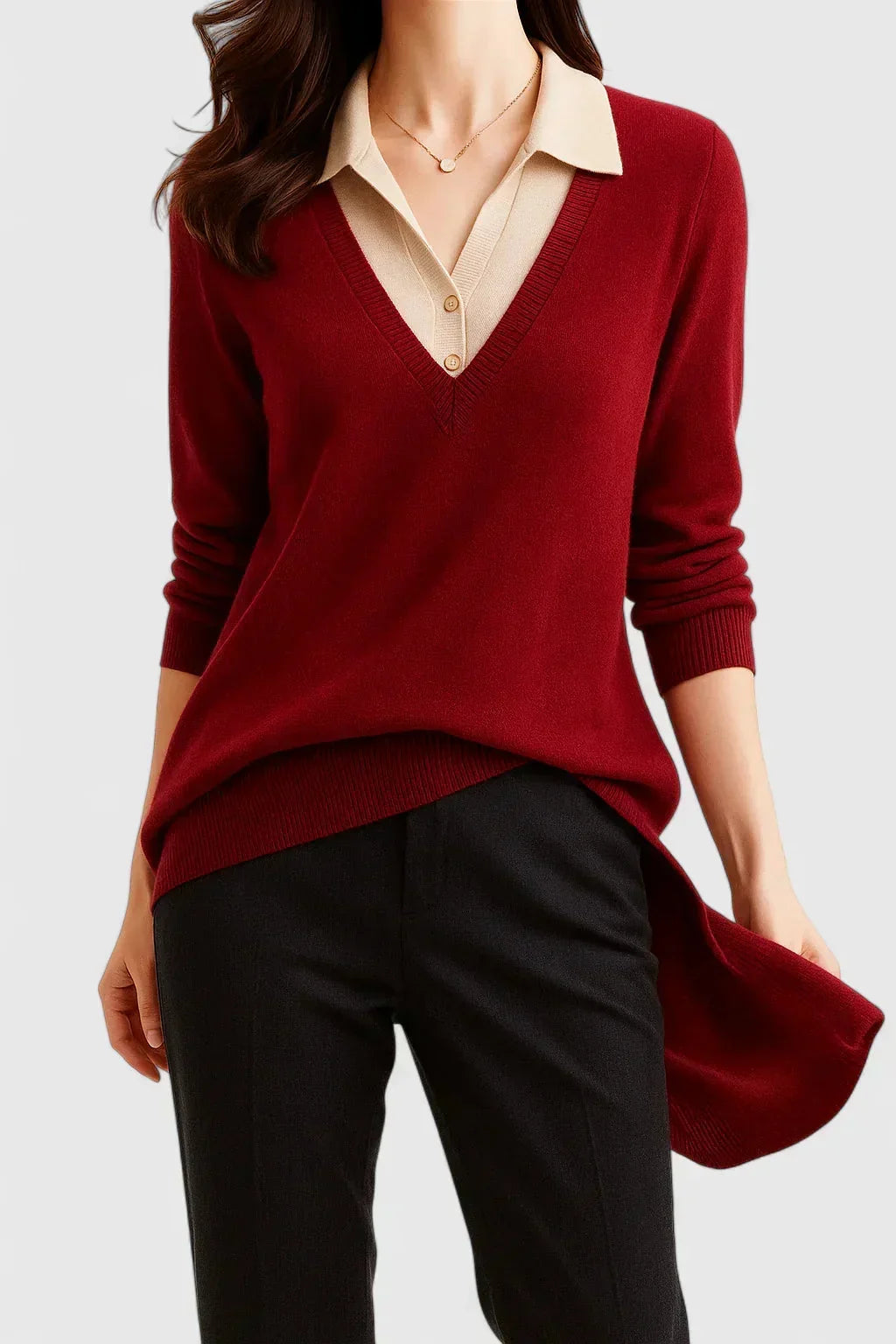 Women's Knit V-Neck Jumper – Button Detail On Cuffs