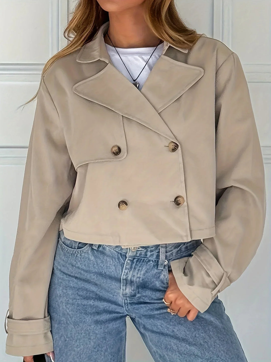 Women's Cropped Peacoat Double Breasted Notch Lapel