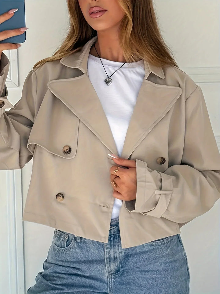 Women's Cropped Peacoat Double Breasted Notch Lapel