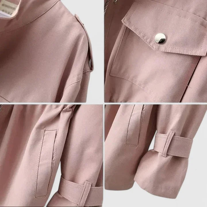 Women's Cotton Zip-Up Stand Collar Jacket – Drawstring Waist