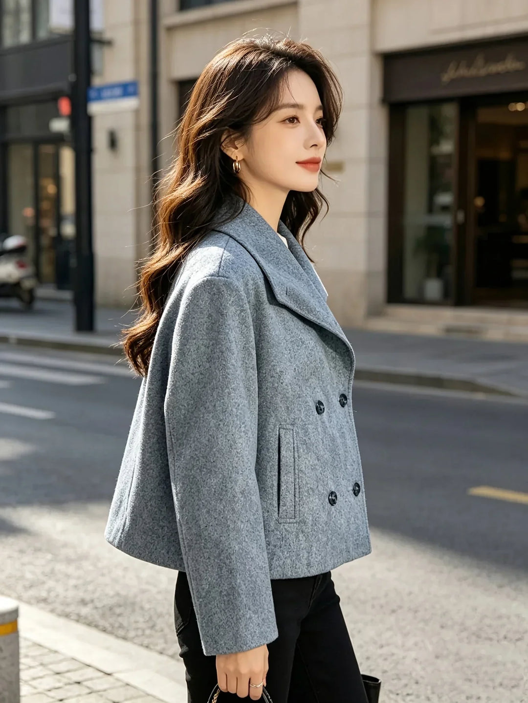 Women's Cropped Wool Double Breasted Peacoat
