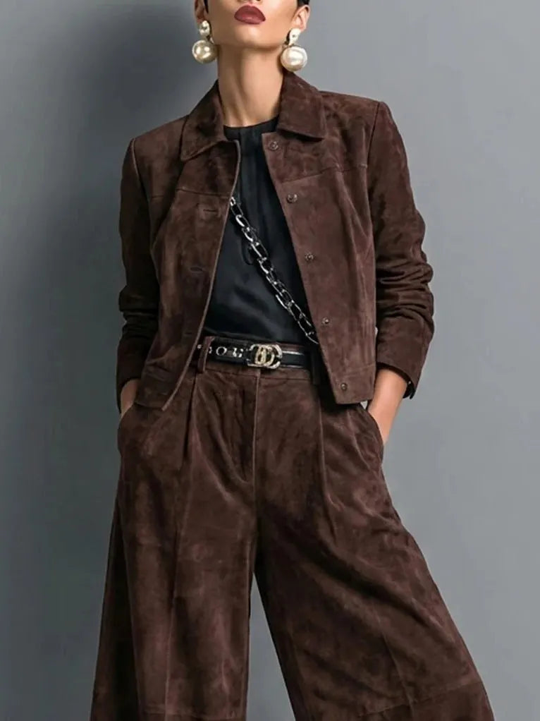 Women's Matching Outfit – Dark Brown Faux Suede Jacket & Wide-Leg Trousers Set