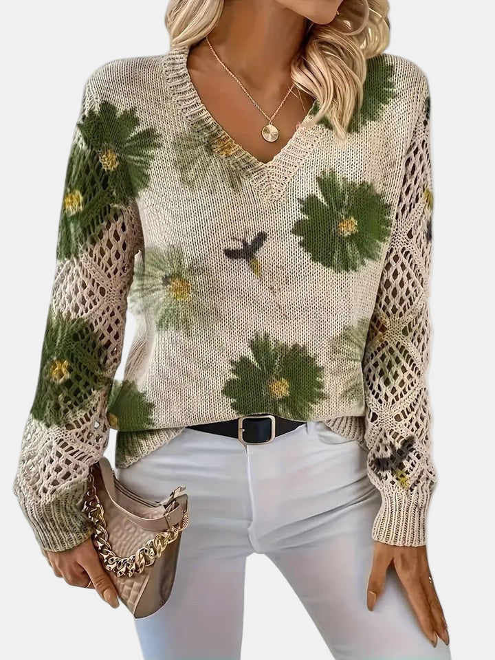 Women's Jumper – Floral Knit V-Neck