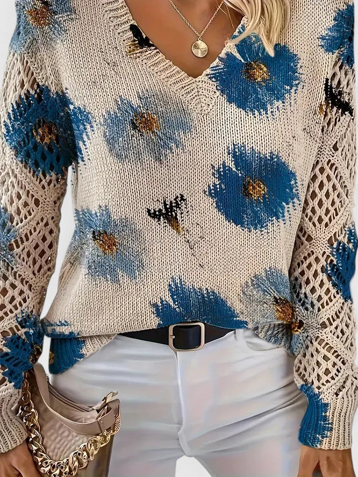 Women's Jumper – Floral Knit V-Neck