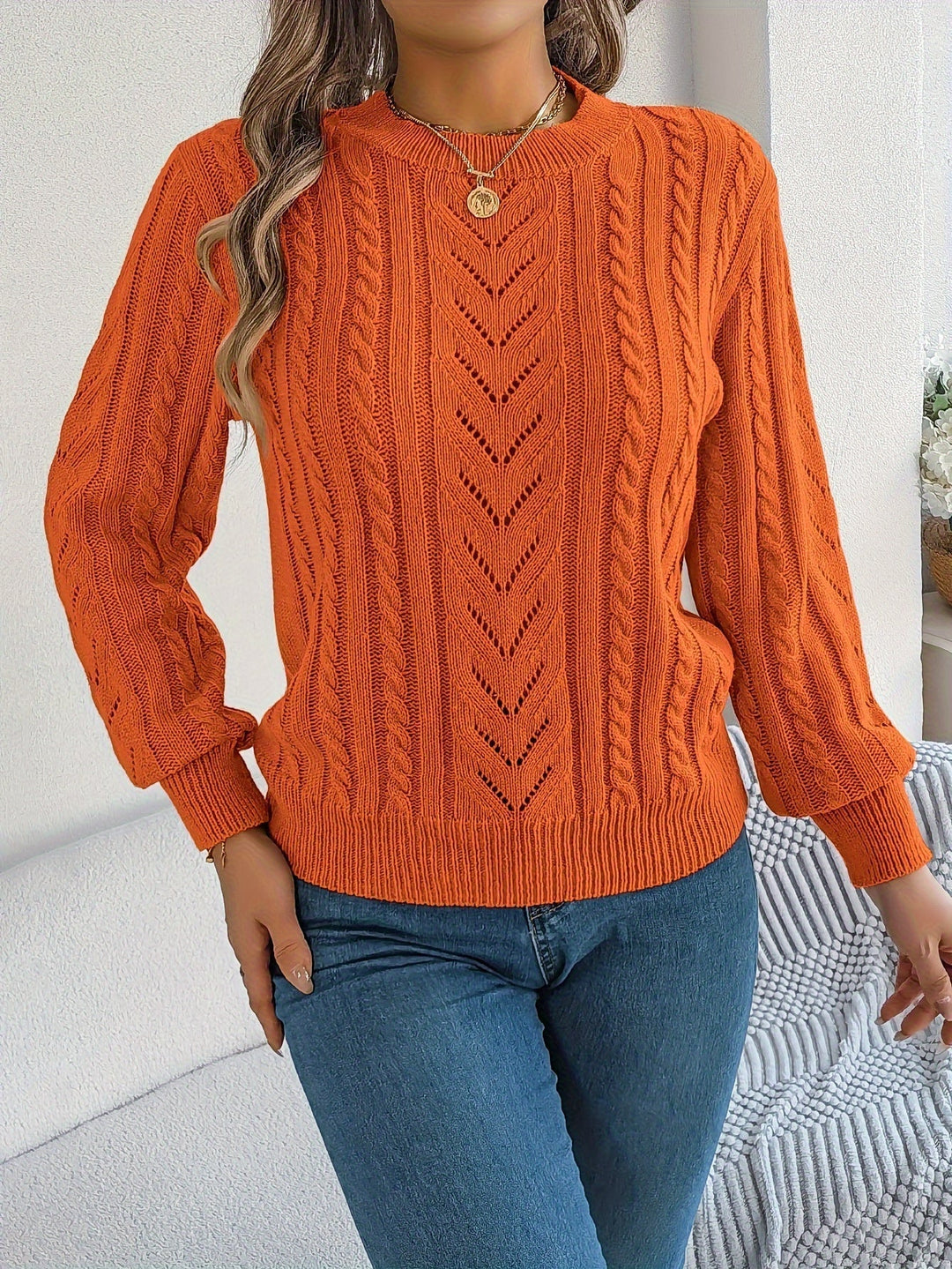 Women's Jumper – Textured Openwork Crew Neck Knit