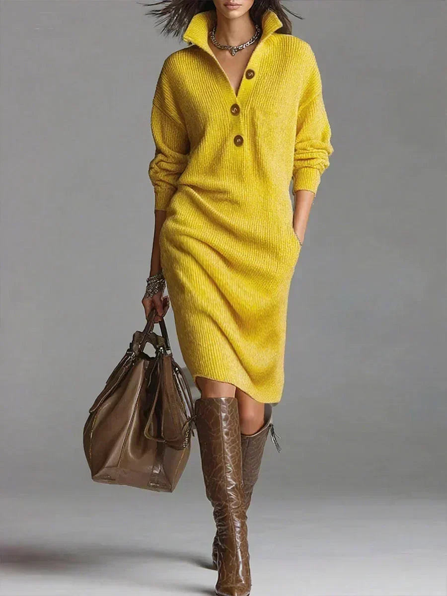 Women's Knitted Dress – Ribbed Collared Midi Winter
