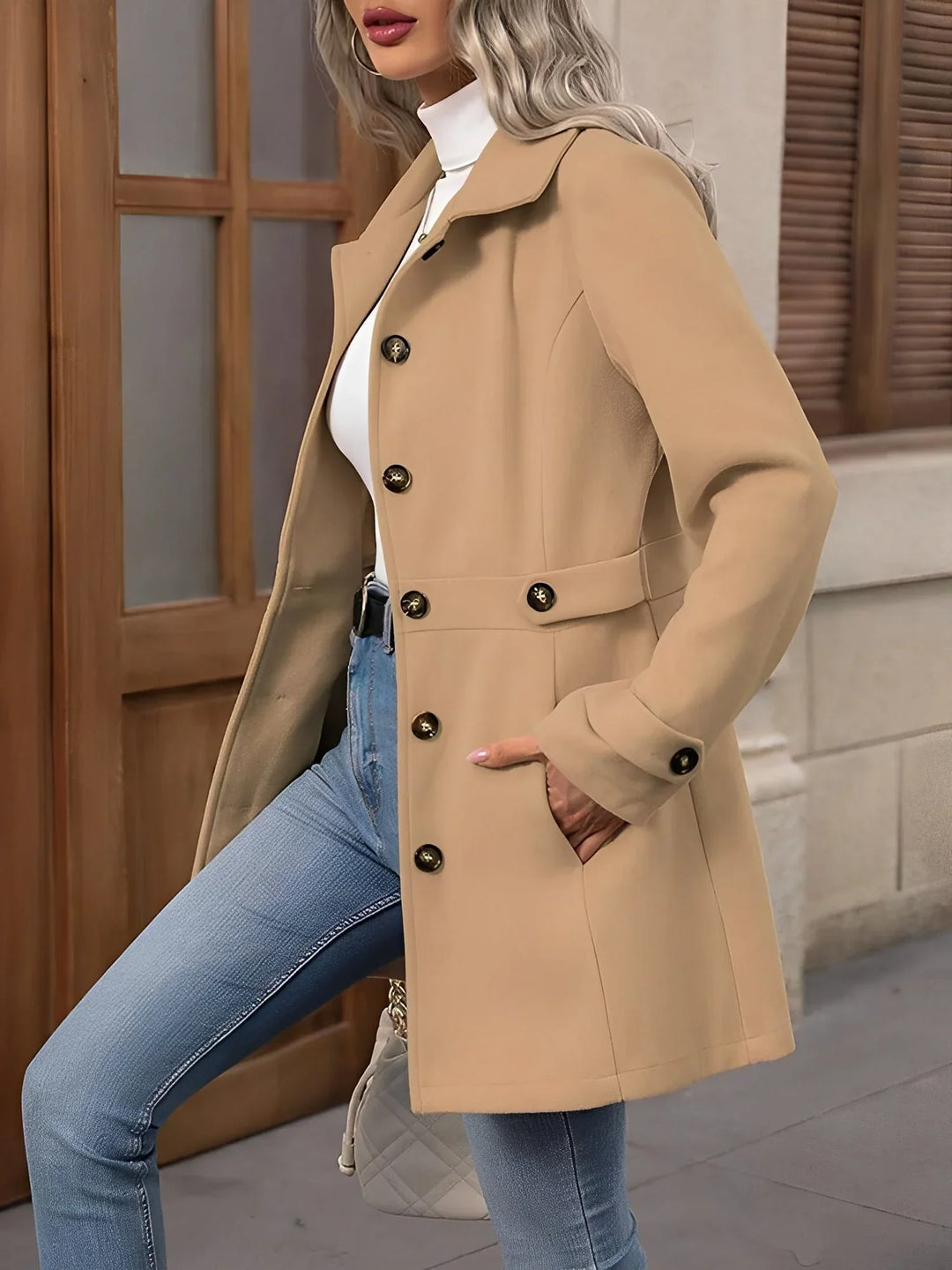 Women's Fitted Gold Button Double Breasted Trench Coat
