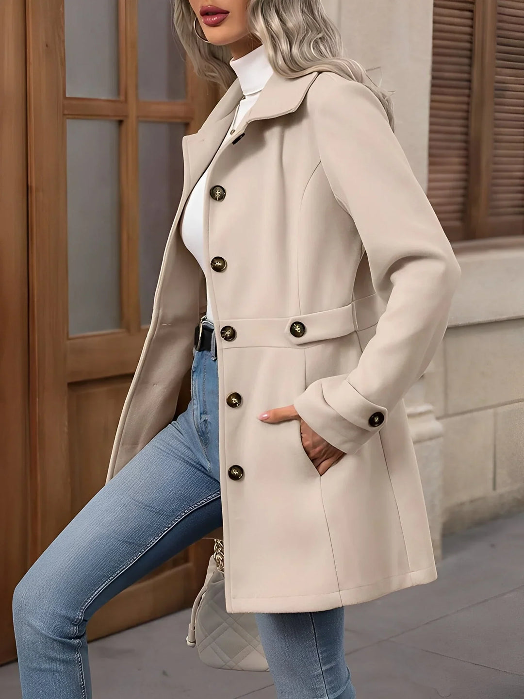 Women's Fitted Gold Button Double Breasted Trench Coat