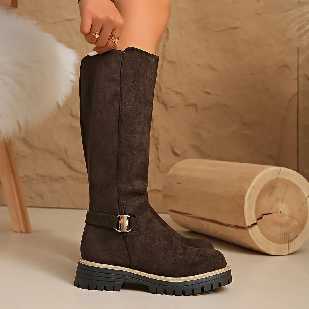 Women's Knee High Boots – Flat Chunky Lug Sole & Buckle