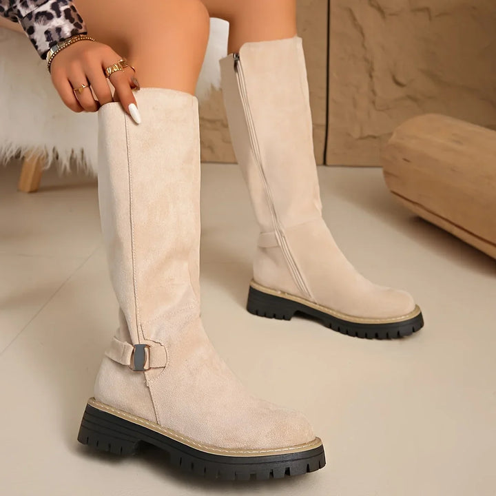 Women's Knee High Boots – Flat Chunky Lug Sole & Buckle
