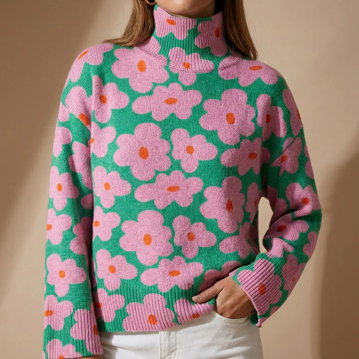Women's Floral Roll Neck Knit Sweater