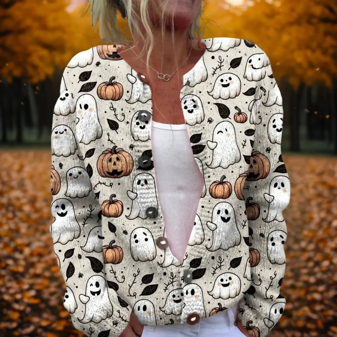 Women's Knit Button-Front V-Neck Cardigan – Halloween Print