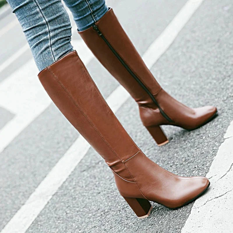 Women's Heeled Block Knee High Boots – Square Toe