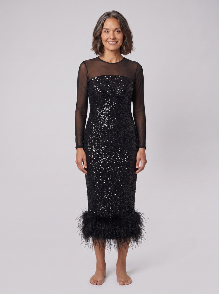 Women's Midi Dress – Sequin Feather-Trim Christmas Party