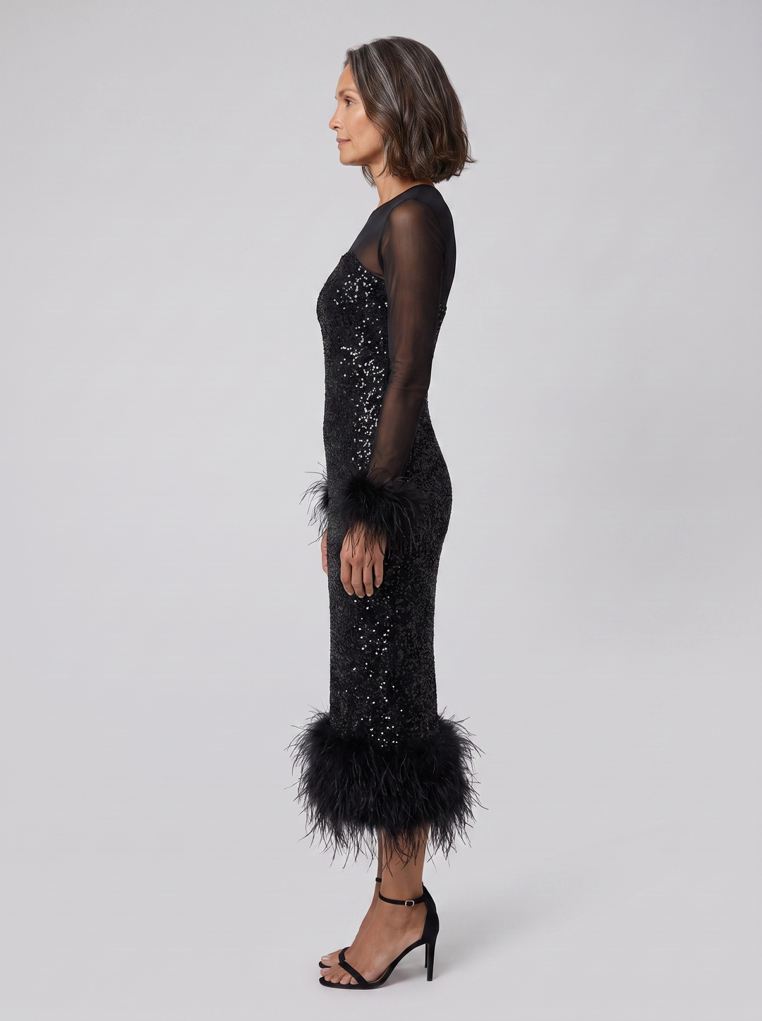 Women's Midi Dress – Sequin Feather-Trim Christmas Party