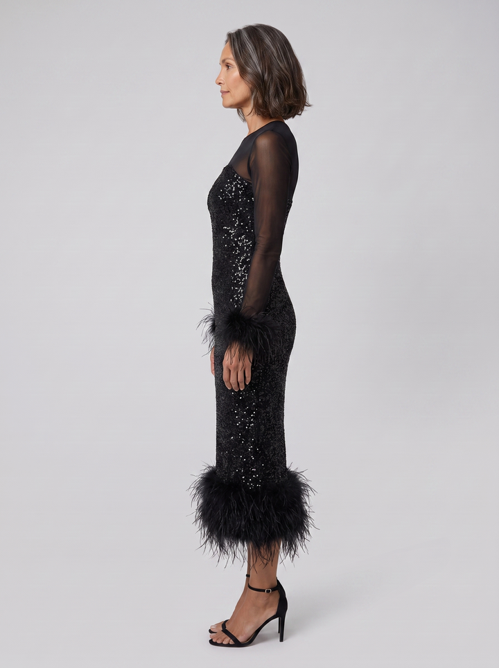 Women's Midi Dress – Sequin Feather-Trim Christmas Party