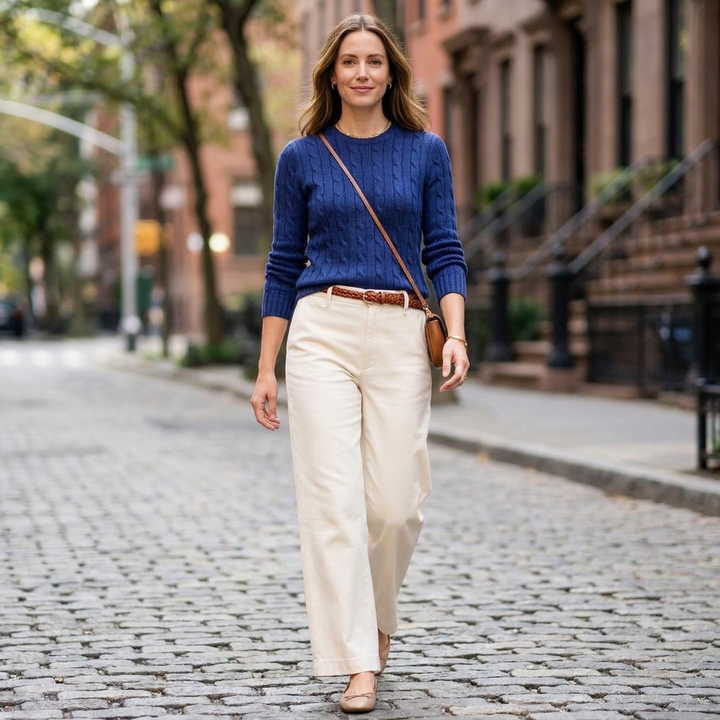 Women's Jumper – Pure Cotton Cable-Knit Crew-Neck