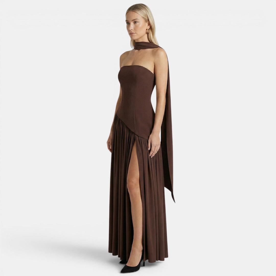 Womens Fashion Style - Women's Strapless Maxi Dress with Asymmetric Draping - product view 2