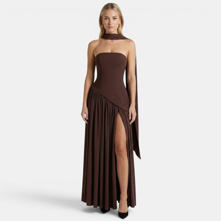 Womens Fashion Style - Women's Strapless Maxi Dress with Asymmetric Draping - product view 1