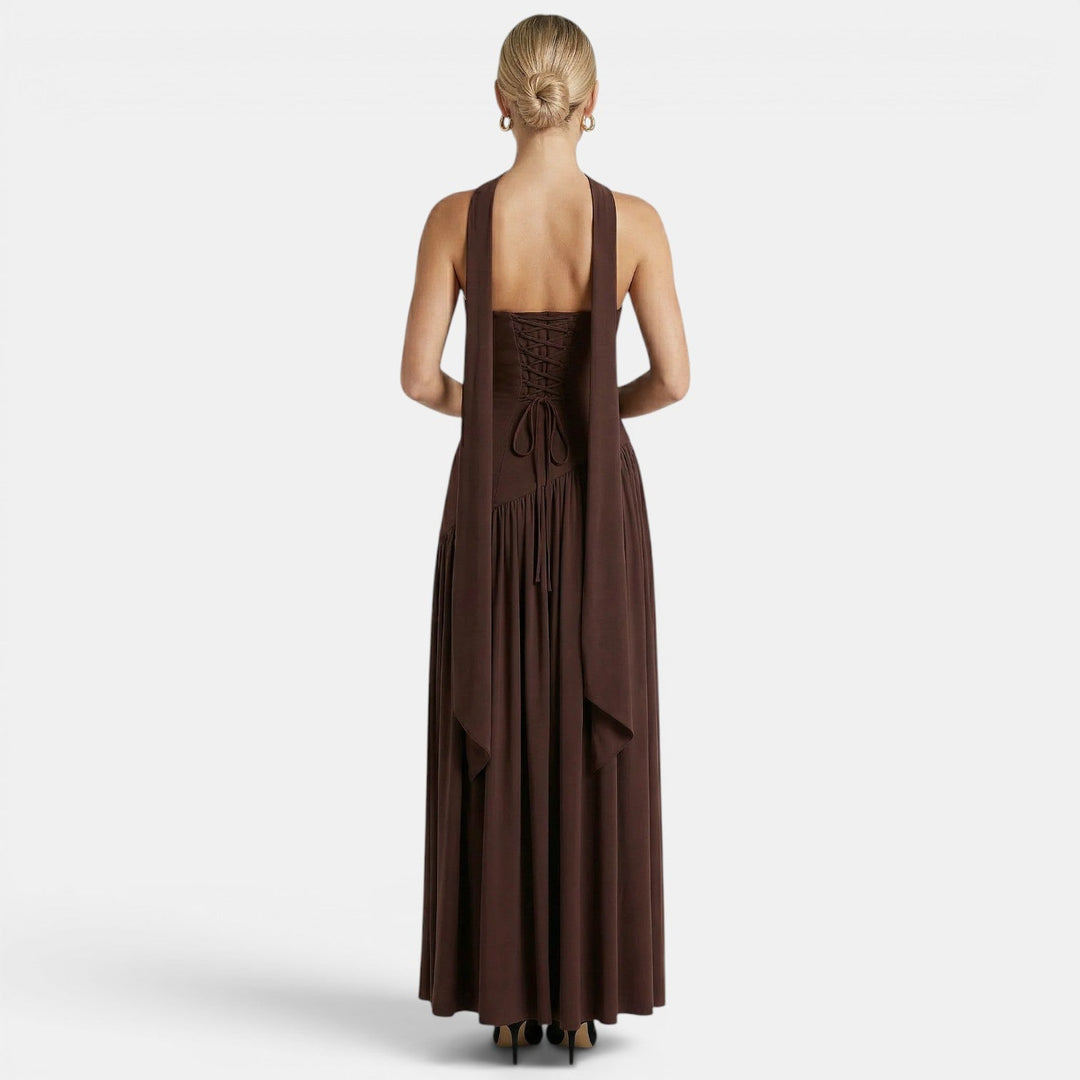 Womens Fashion Style - Women's Strapless Maxi Dress with Asymmetric Draping - product view 3