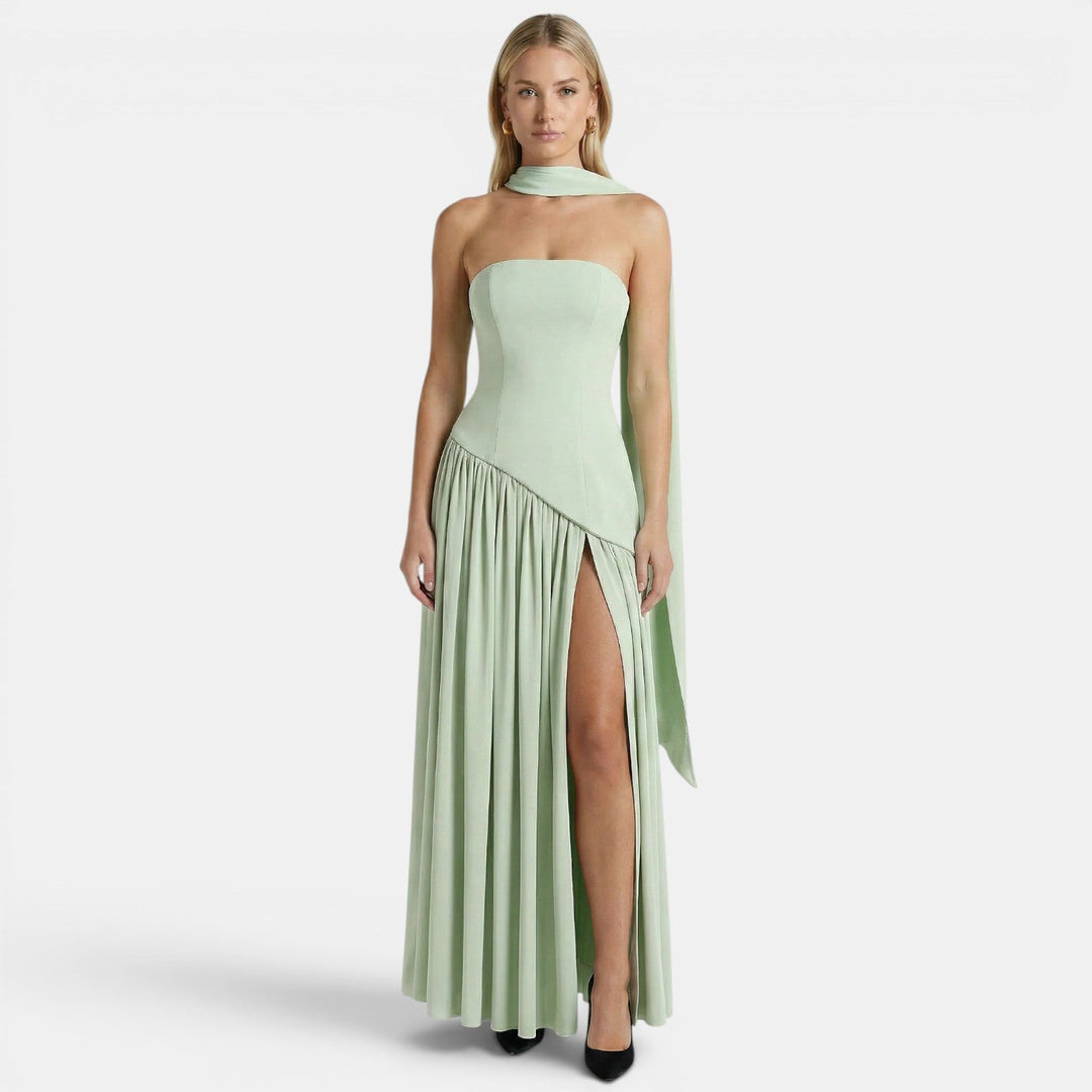 Womens Fashion Style - Women's Strapless Maxi Dress with Asymmetric Draping - product view 11