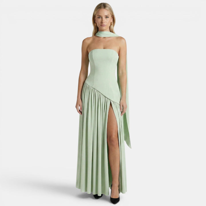 Womens Fashion Style - Women's Strapless Maxi Dress with Asymmetric Draping - product view 11