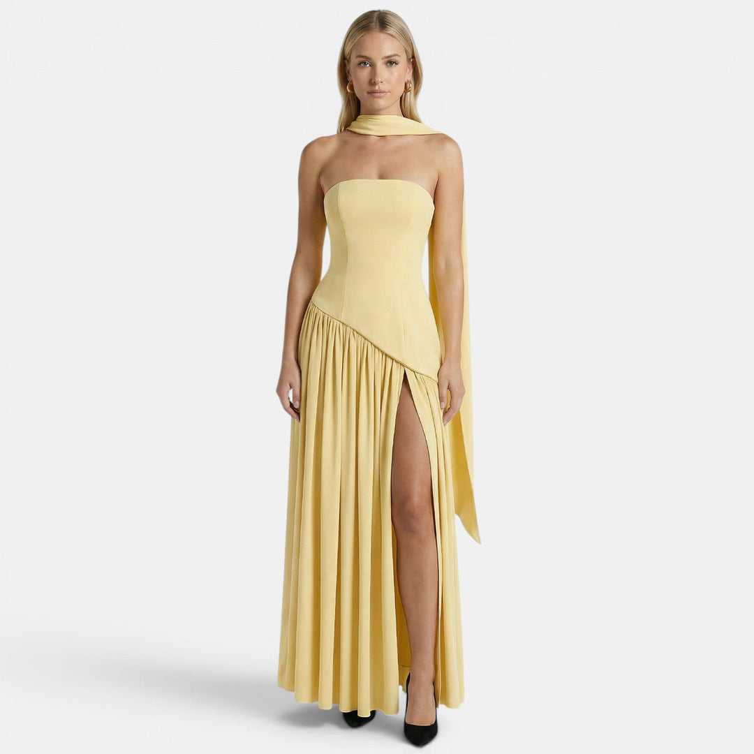 Womens Fashion Style - Women's Strapless Maxi Dress with Asymmetric Draping - product view 8