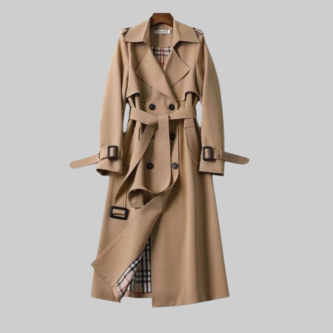 Women's Trench Coat – Double-Breasted , Belted Long Fit
