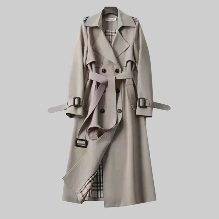 Women's Trench Coat – Double-Breasted , Belted Long Fit
