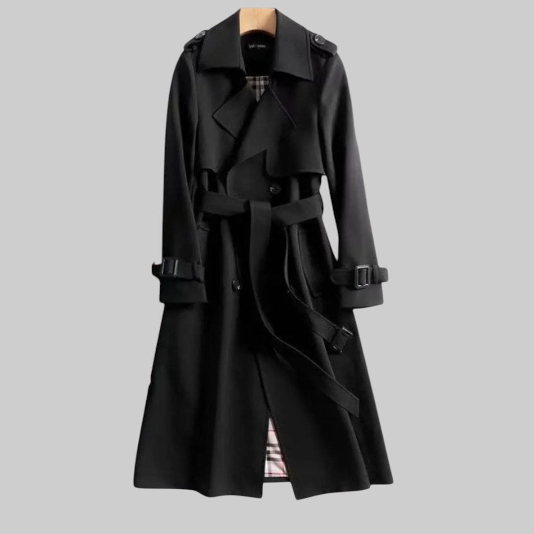 Women's Trench Coat – Double-Breasted , Belted Long Fit
