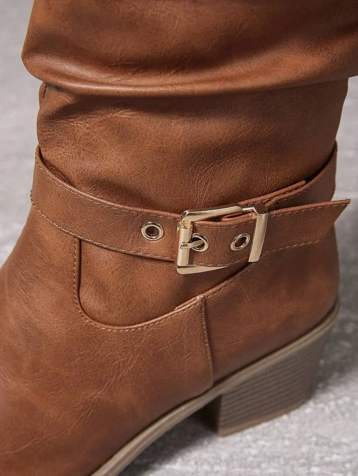 Women's Slouched Knee High Boots – Block Heel Double Buckle