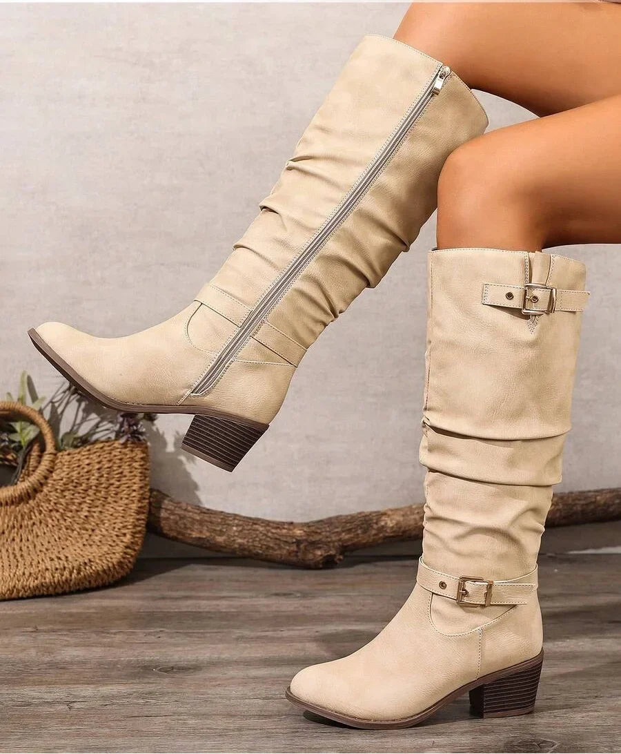 Women's Slouched Knee High Boots – Block Heel Double Buckle