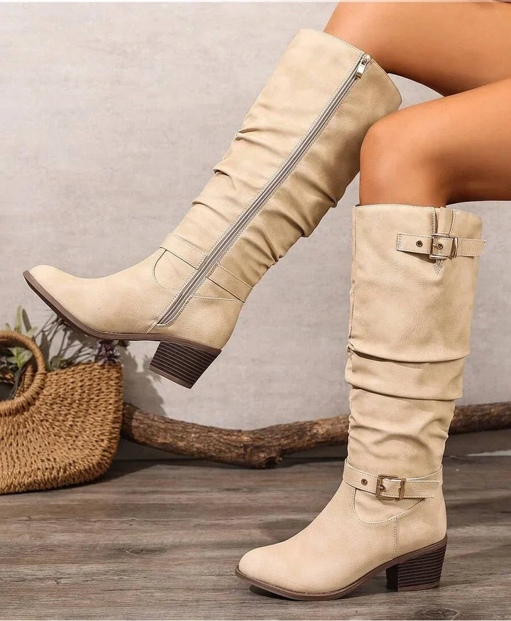 Women's Slouched Knee High Boots – Block Heel Double Buckle