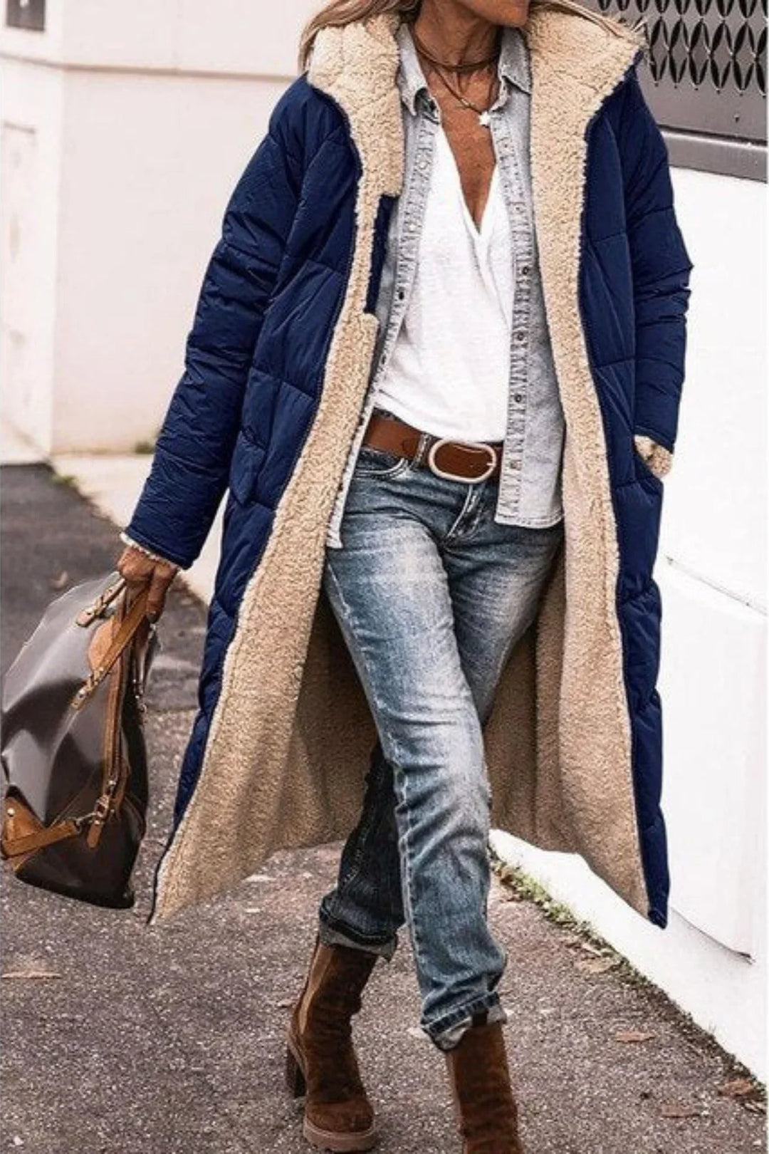 Women's Puffer Coat, Reversible Long Sherpa