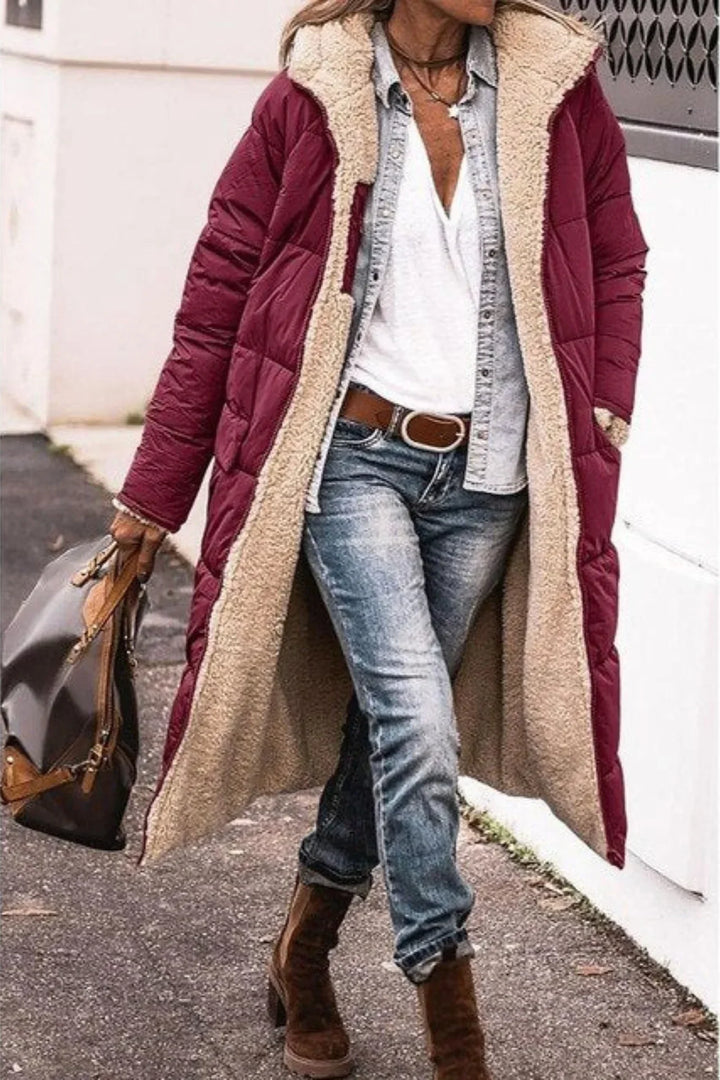 Women's Puffer Coat, Reversible Long Sherpa