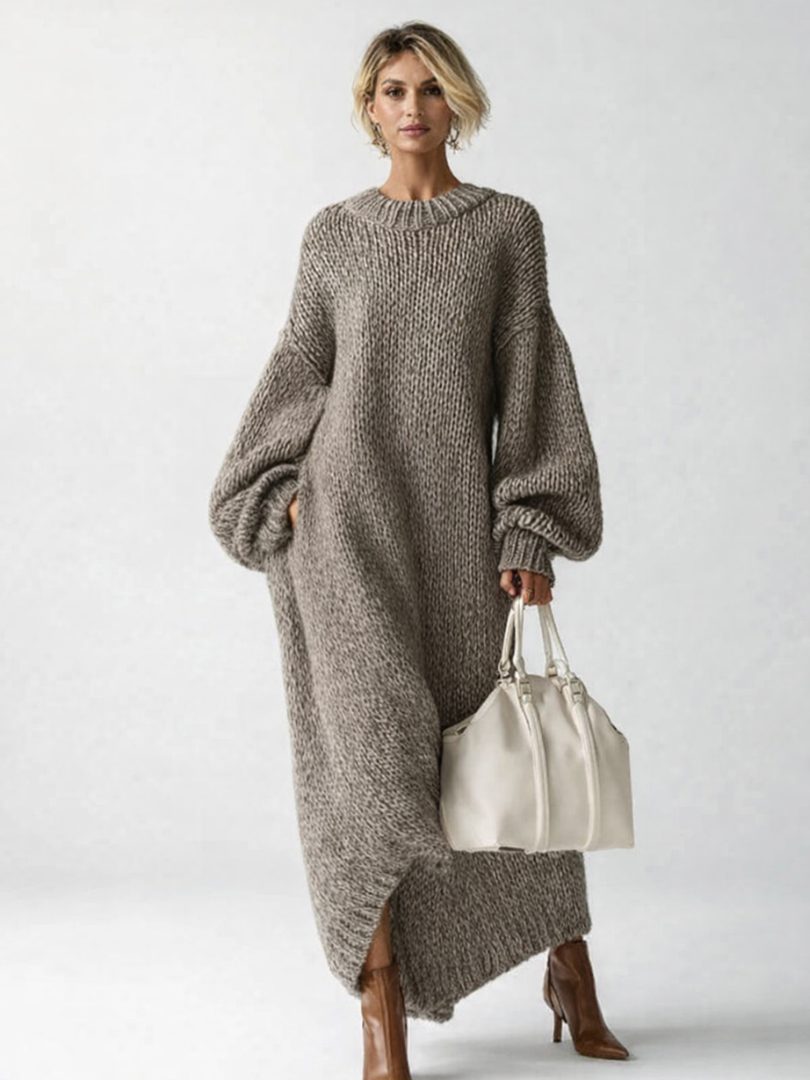 Women's Knitted Dress – Oversized Ribbed Knit Maxi