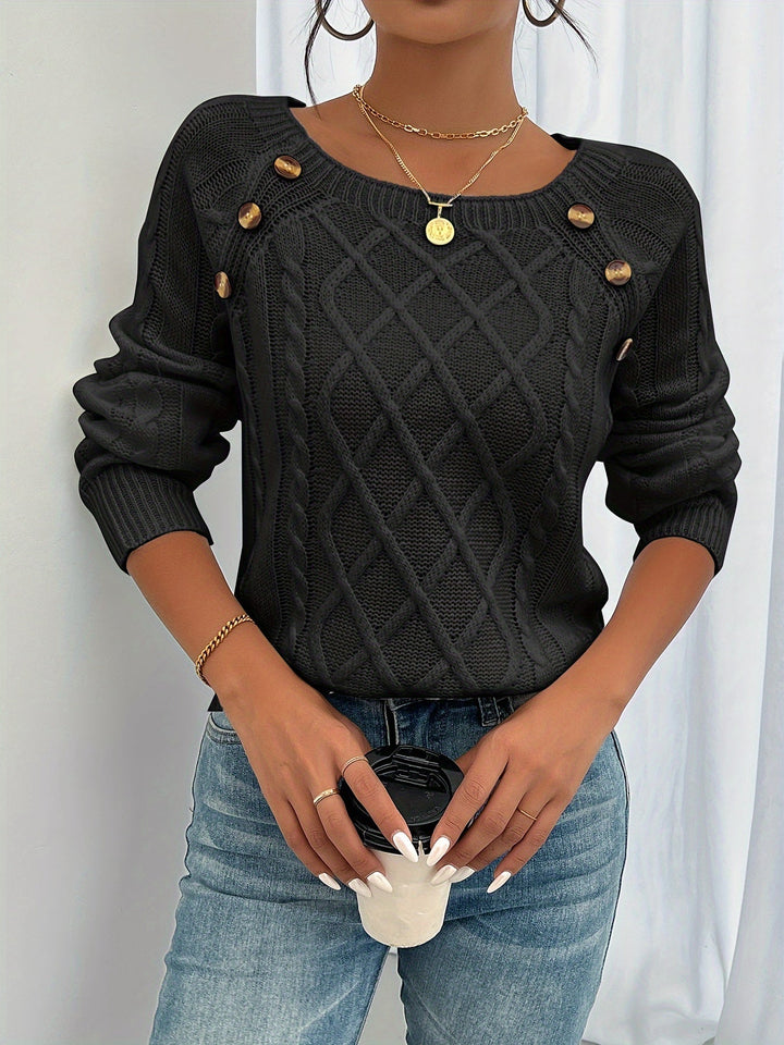 Women's Jumper – Cable Knit Button Shoulder Crew Neck