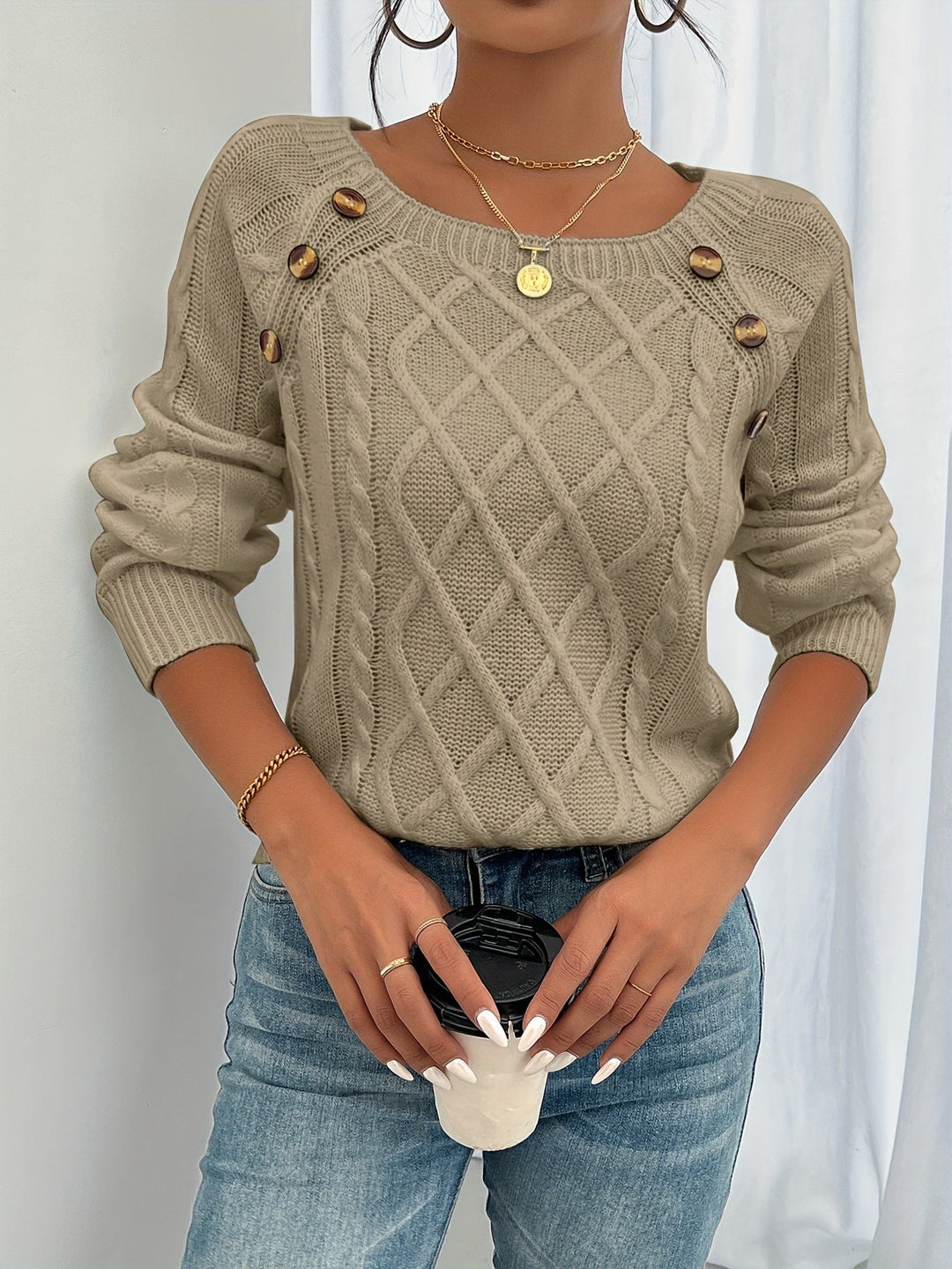 Women's Jumper – Cable Knit Button Shoulder Crew Neck