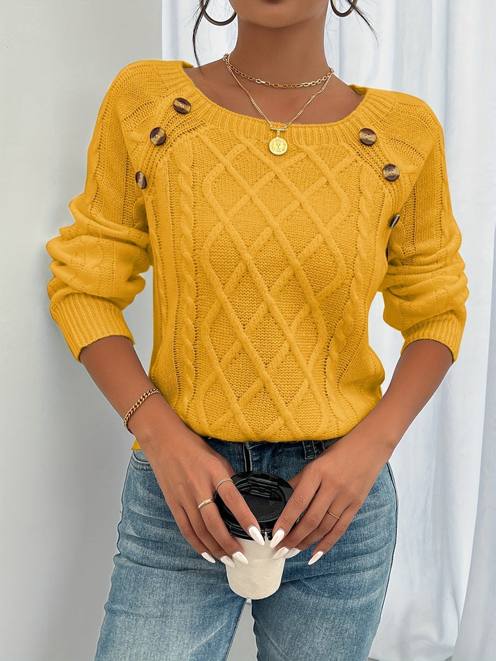 Women's Jumper – Cable Knit Button Shoulder Crew Neck