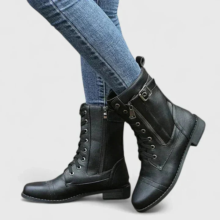 Women's Faux Leather Lace-Up Ankle Boots – Side Zip