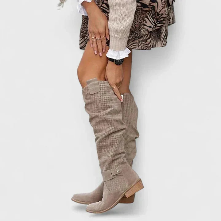 Women's Perforated Suede Side Zip Knee High Boots