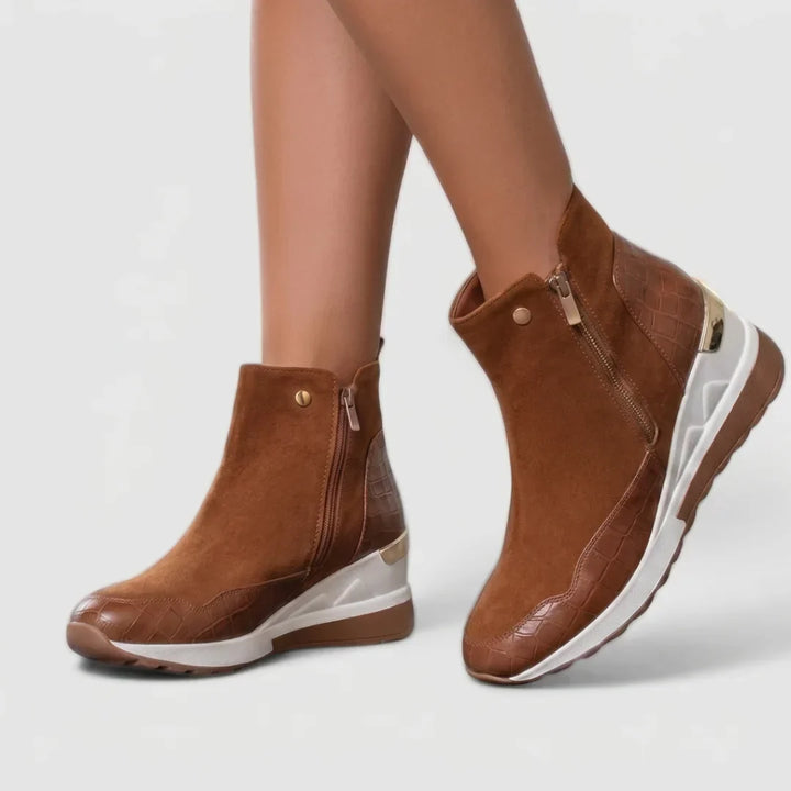 Women's Suede Side Zip Ankle Boots – Crocodile-Embossed Panels