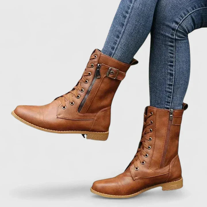 Women's Faux Leather Lace-Up Ankle Boots – Side Zip