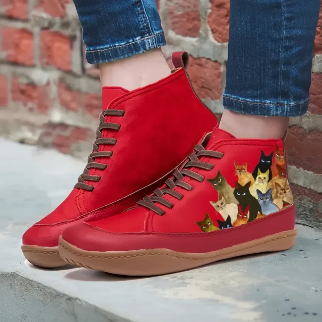 Women's Lace-Up Ankle Boots – Cat Print Graphic